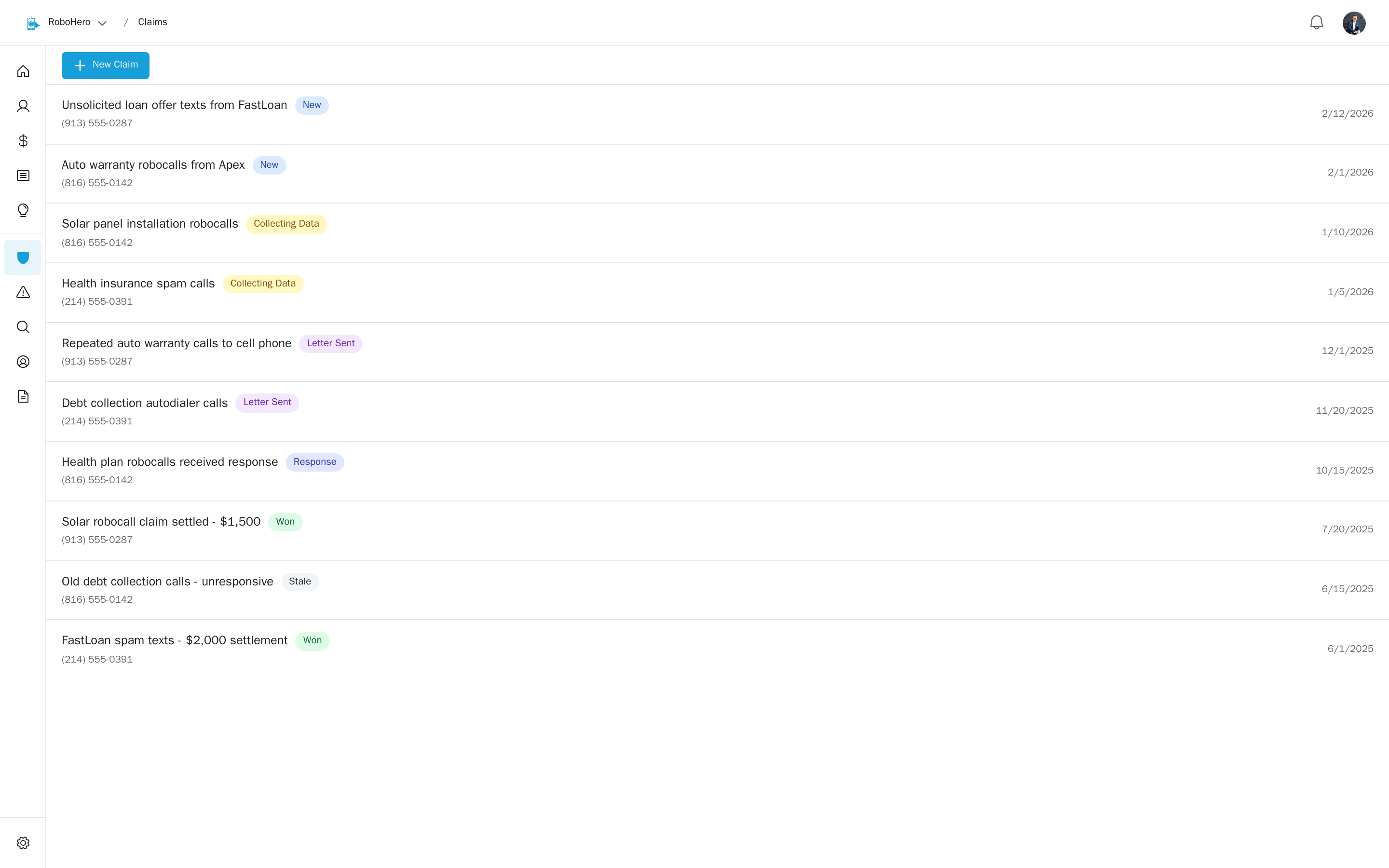 RoboHero dashboard showing claims management interface