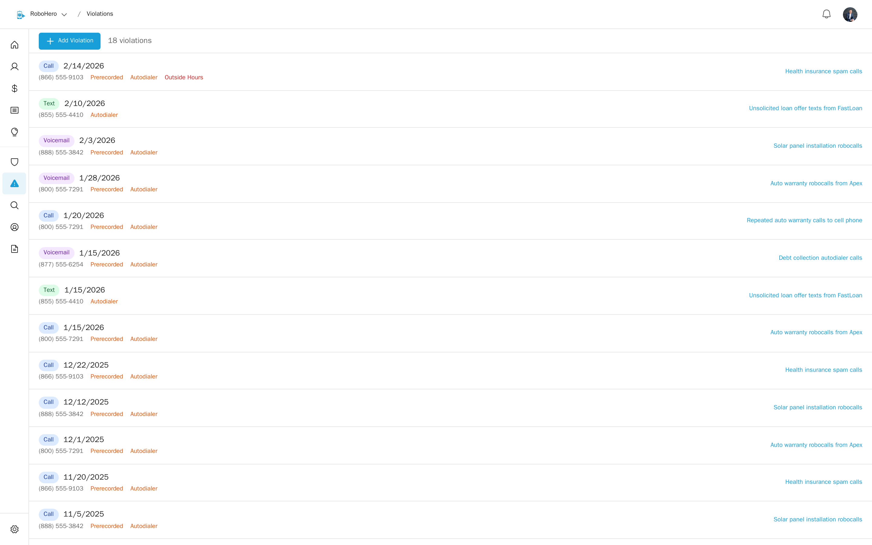 RoboHero violation logging interface — replace with actual screenshot
