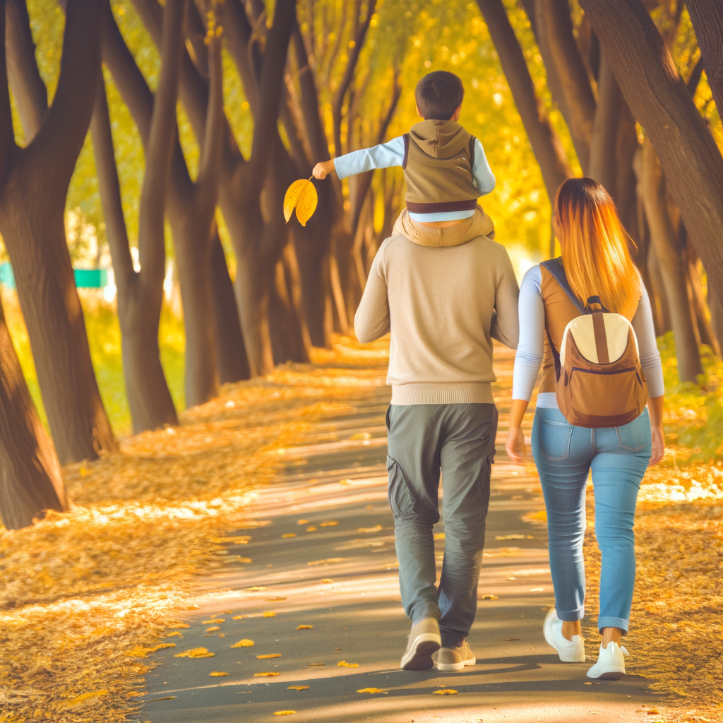 Family walking an autumn trail in Kansas City, toddler on shoulders
